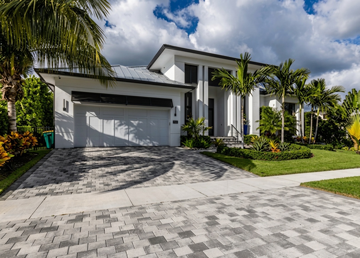 Florida Home, Gray Pavers & Palm Trees