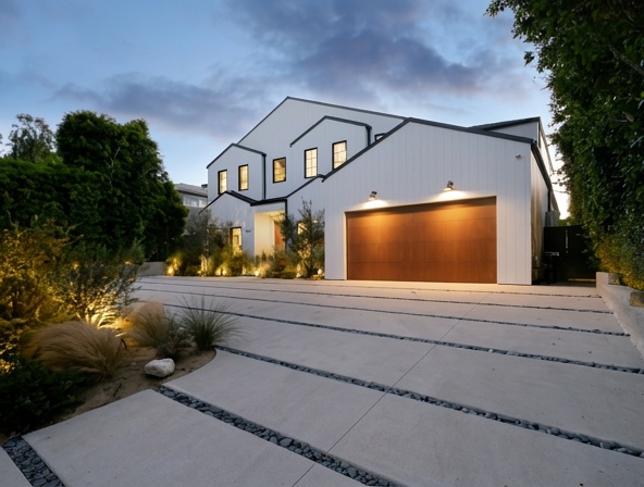 Modern Home, Wood Garage Pavers at Night