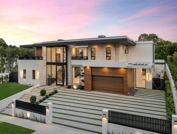 Luxury Two-Story Home, Grass Pavers Sunset
