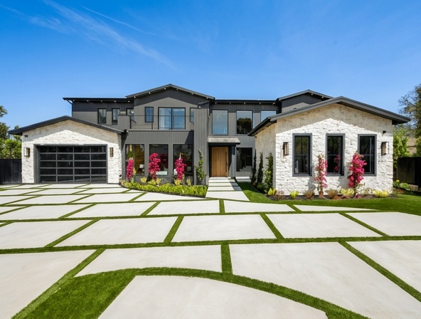 Luxury Home Driveway, Artificial Turf Pavers