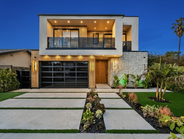 Modern Home, Grass Pavers Entrance at Night