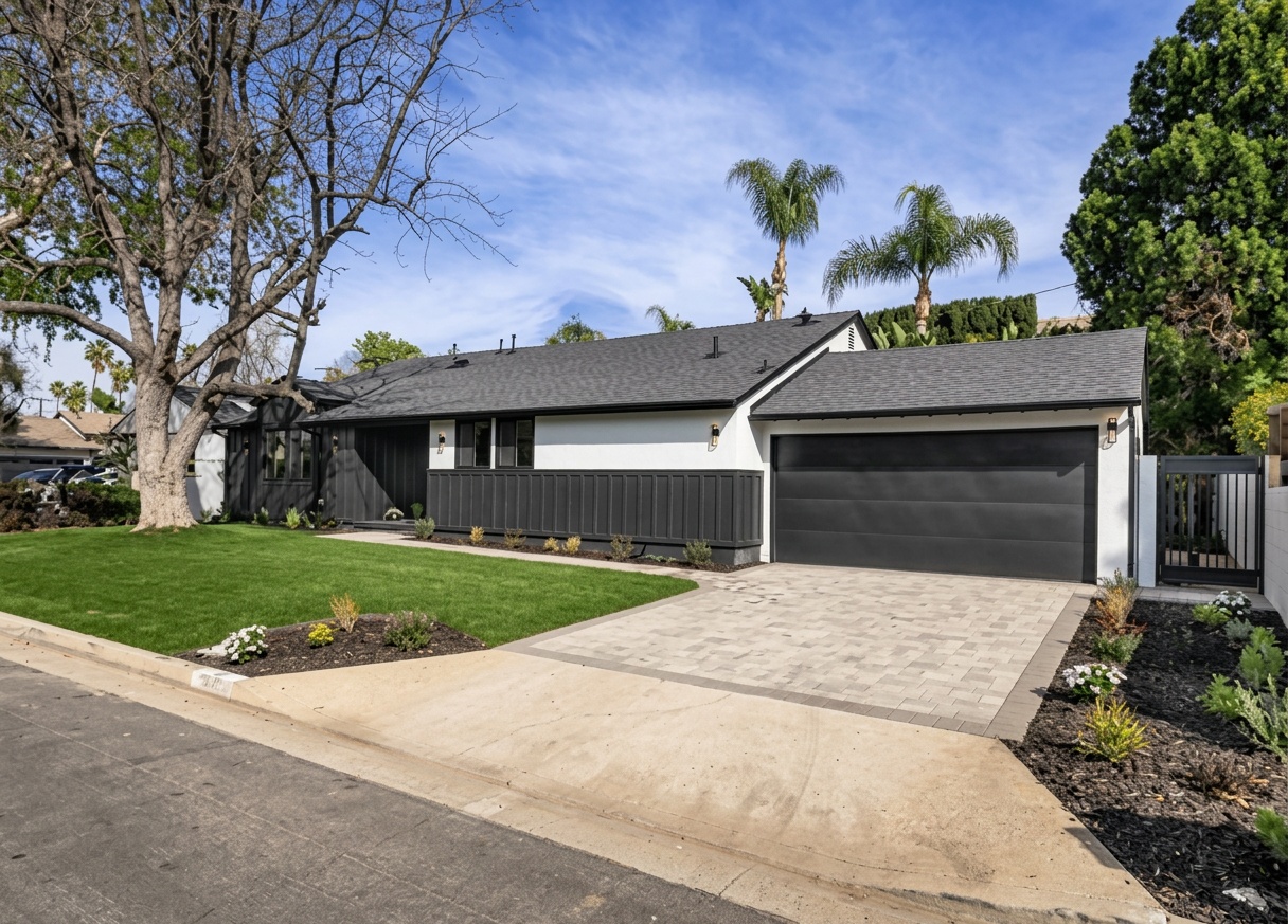 Black Home, Paver Driveway & Palm Trees