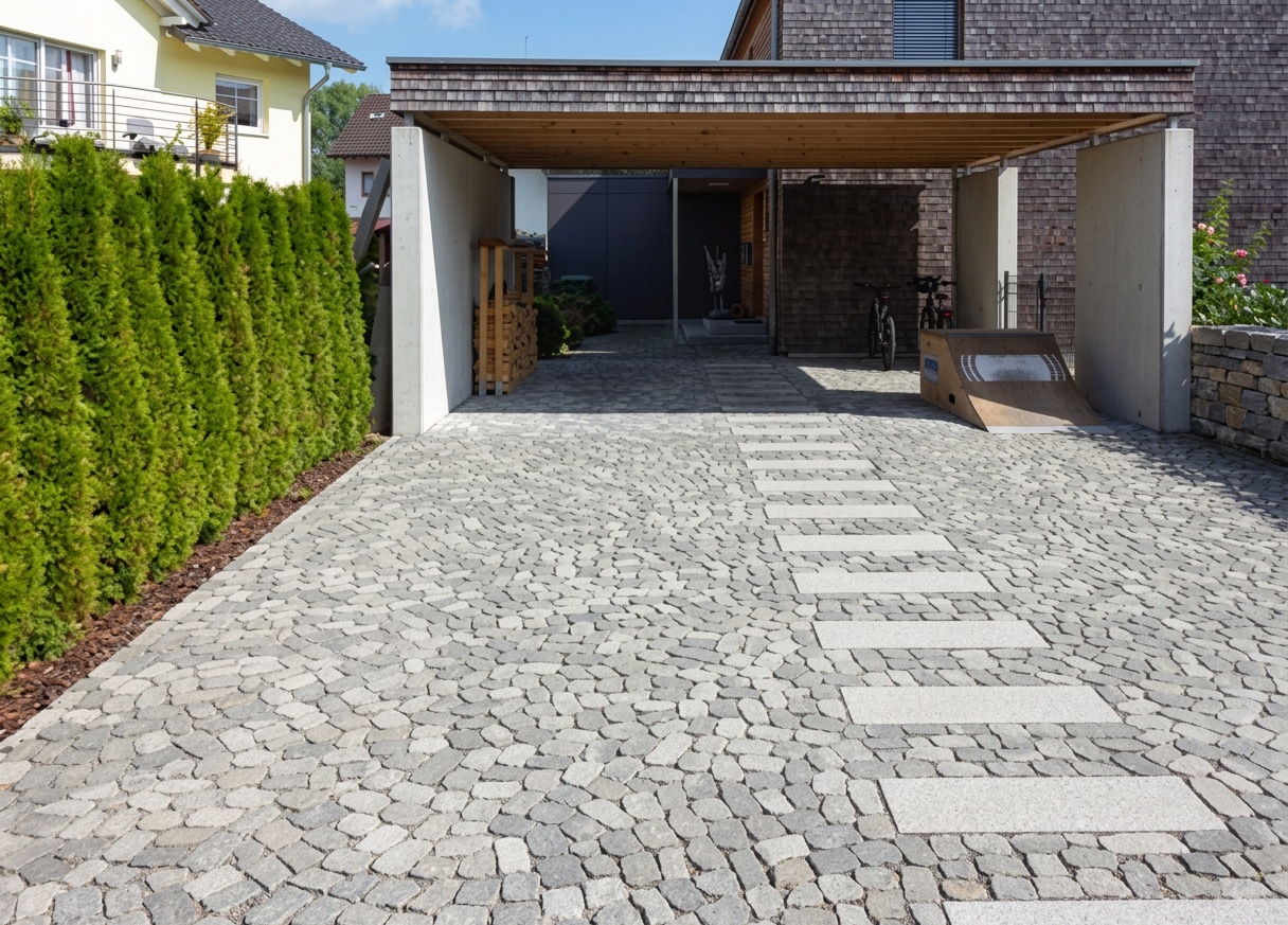 Modern Carport, Gray Paver Blocks