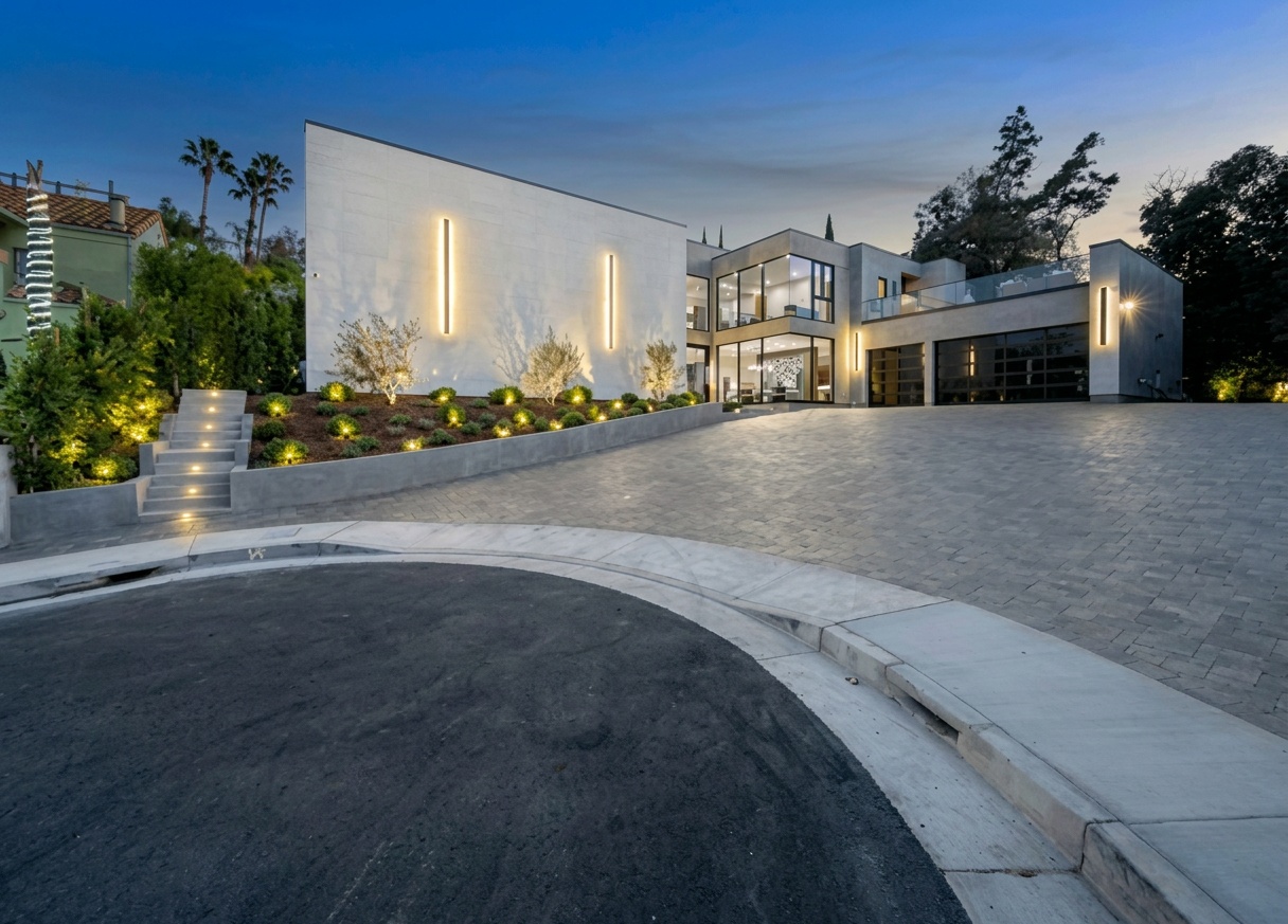 Modern Mansion, Paver Driveway Lights at Night