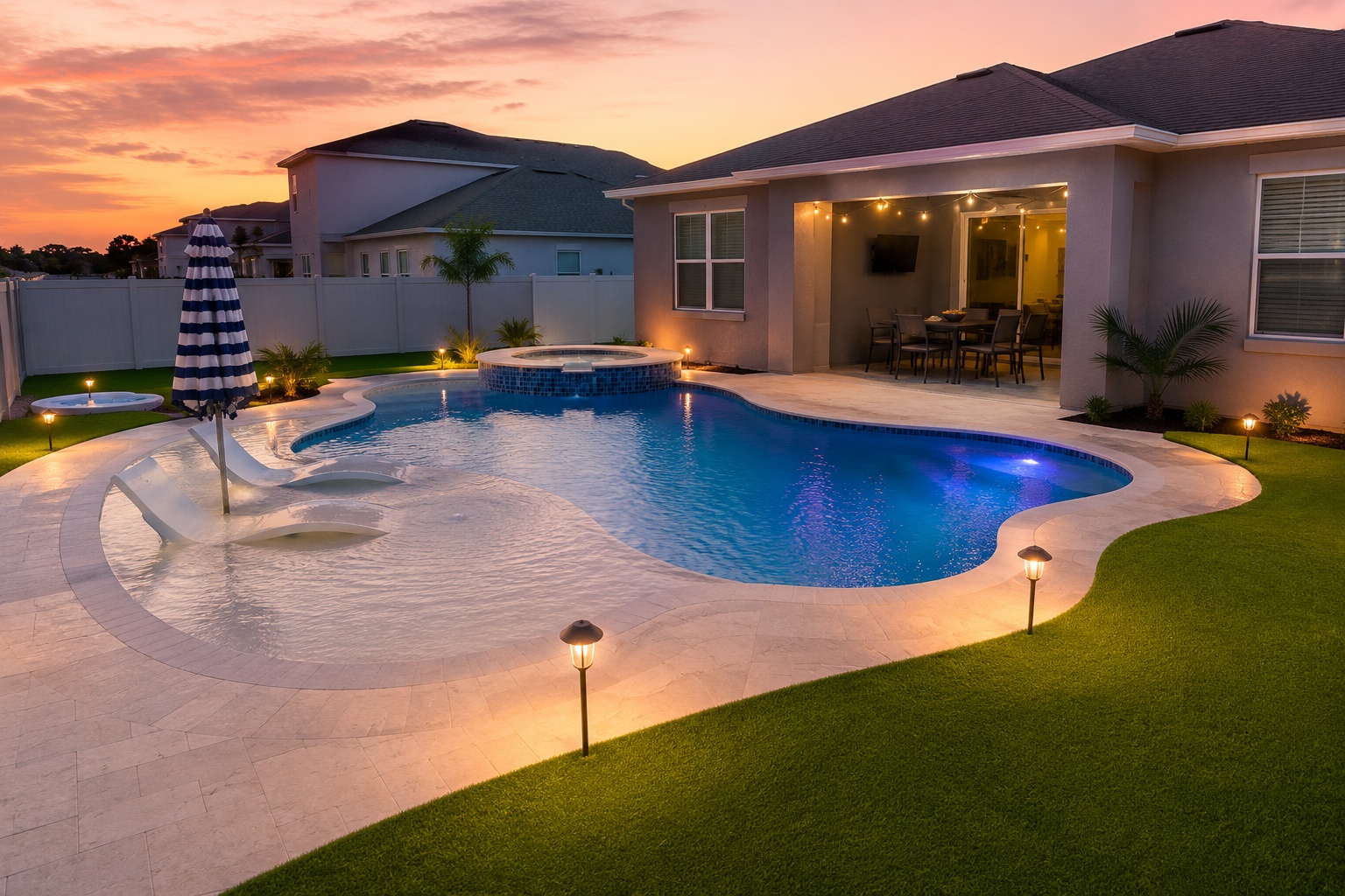 Beach-Entry Pool, Travertine Lights, Florida