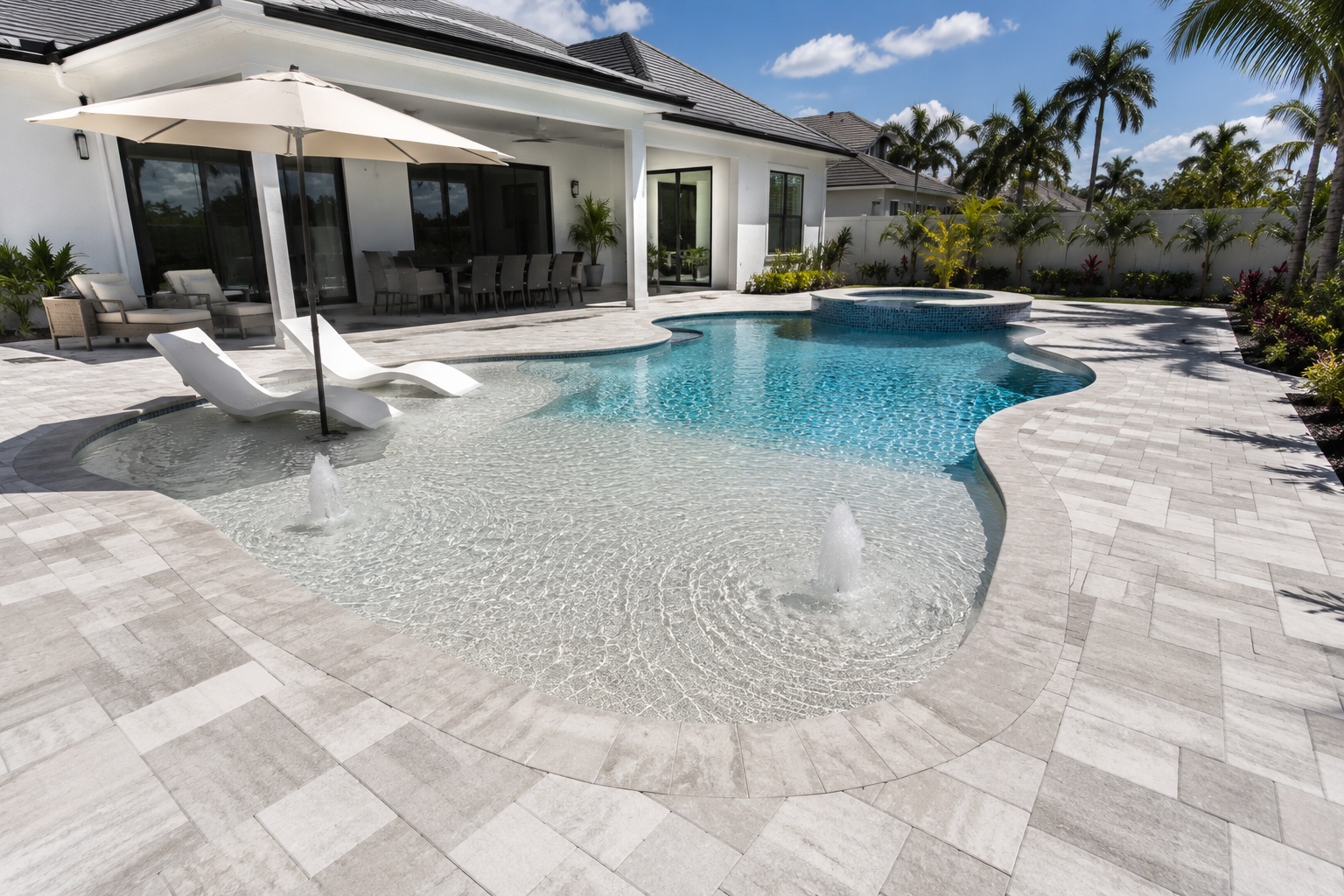Beach-Entry Pool, Gray Pavers, Fountains