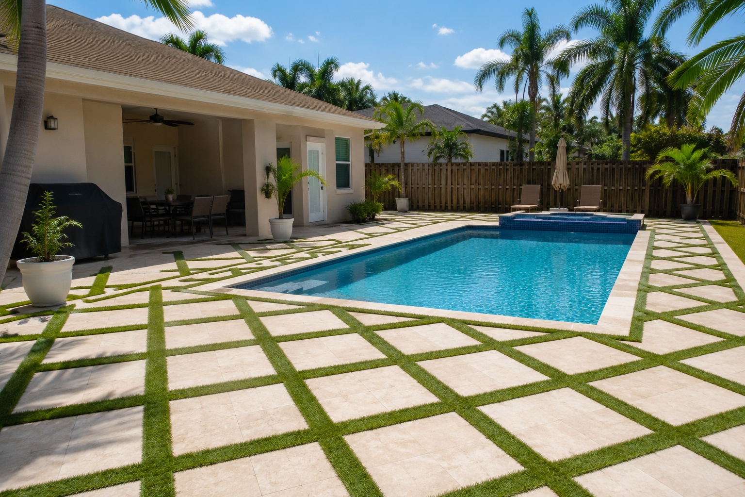 Travertine Pool, Artificial Turf, Palm Trees