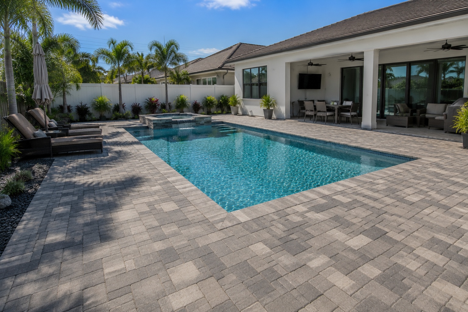 Rectangular Pool, Gray Pavers, Spa