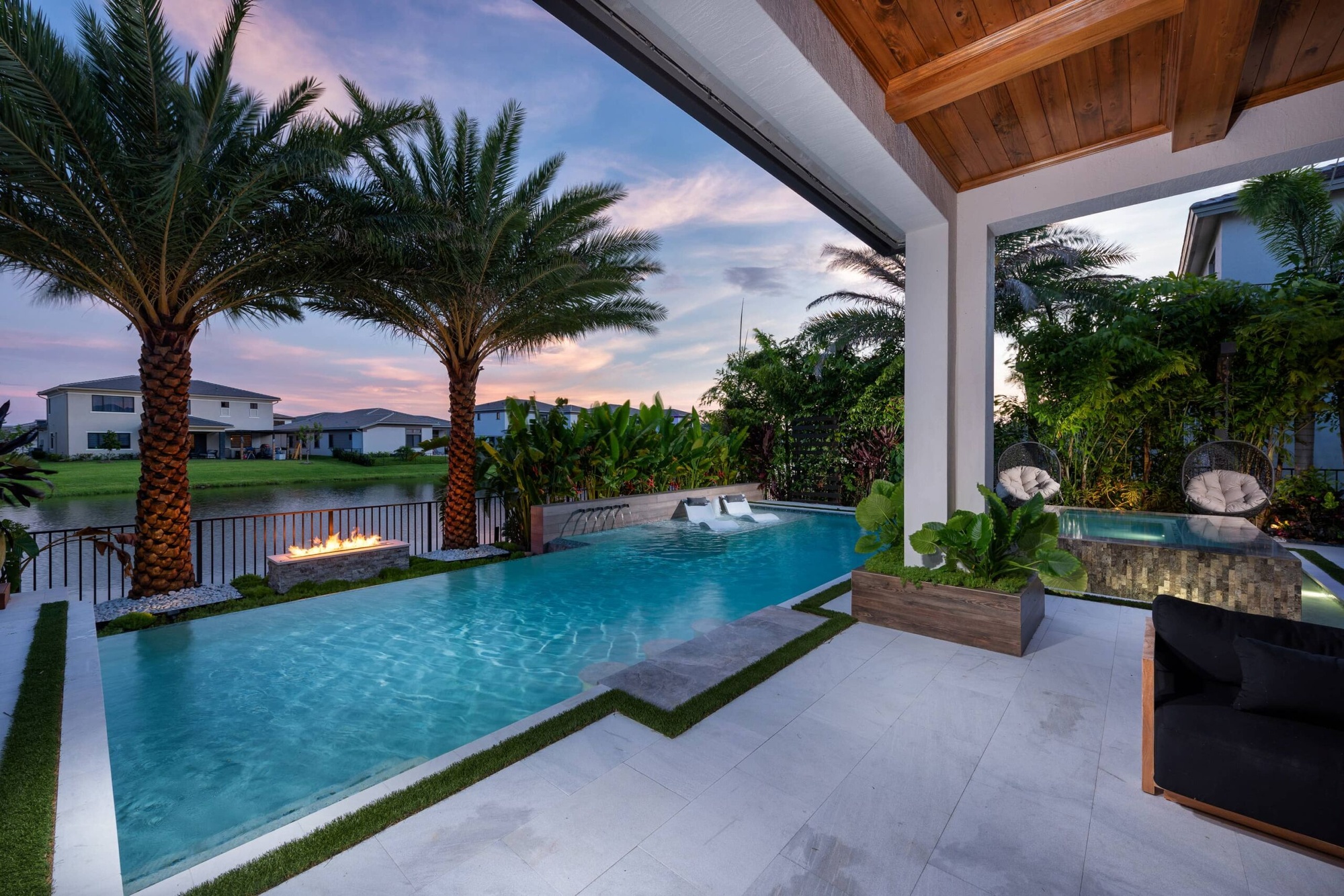 Luxury Pool, Travertine Pavers, Fire, Night