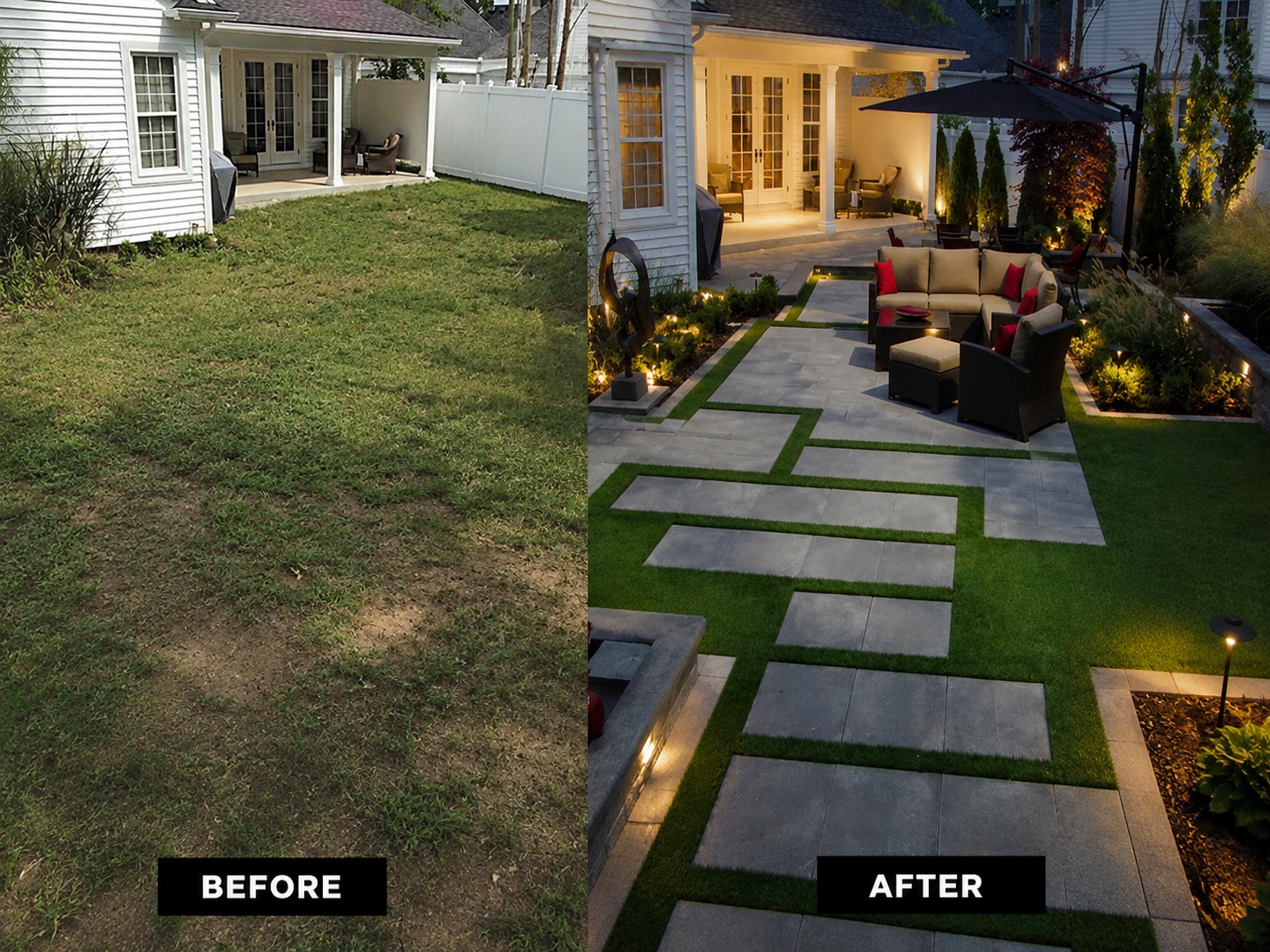 Patio Pavers, Artificial Turf, Night