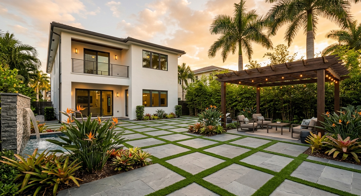 Modern Patio, Grass Pavers, Pergola, Sunset