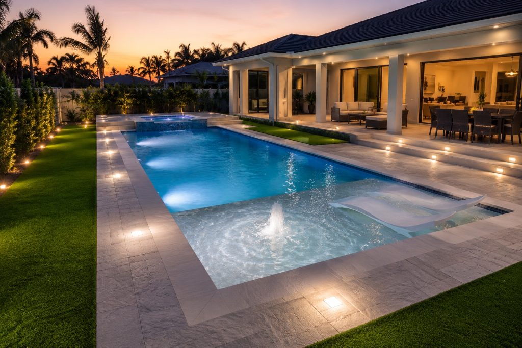 Rectangular Pool Led Lights Pavers Night Palm Trees