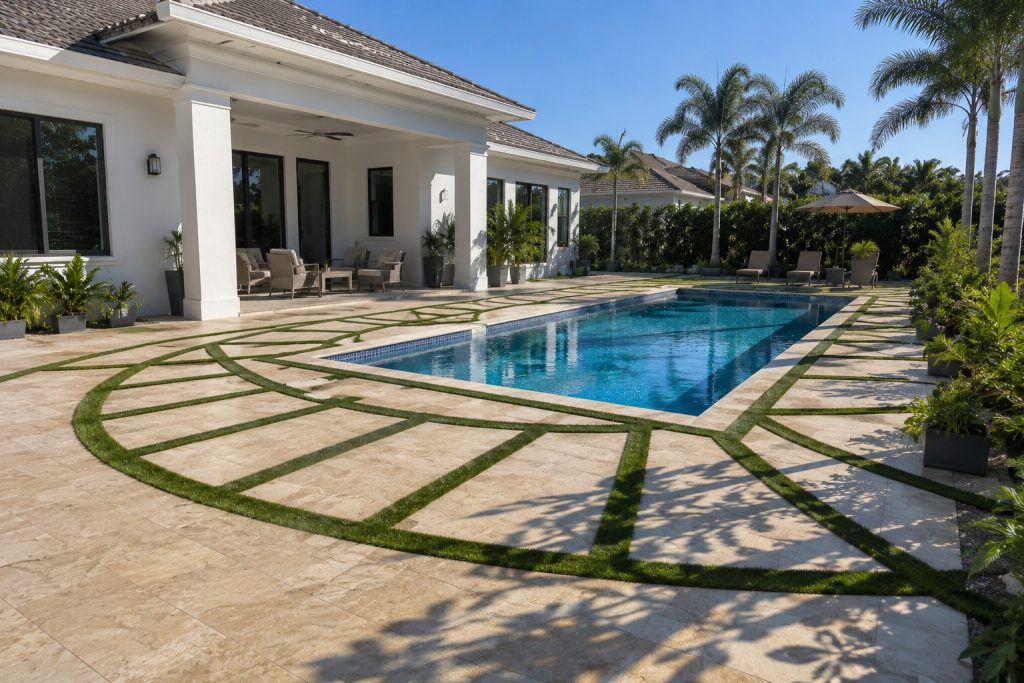 Travertine Pool Turf Radial Design