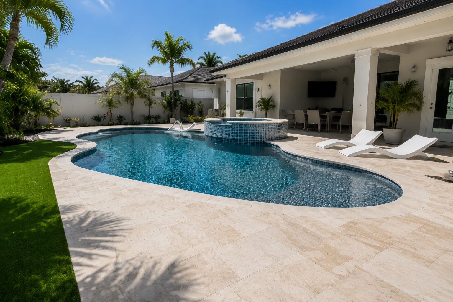 Travertine Pool Turf Spa Palm Trees