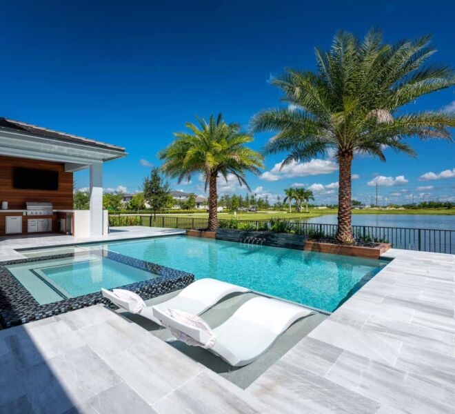 Beach Entry Pool Travertine Pavers Lake